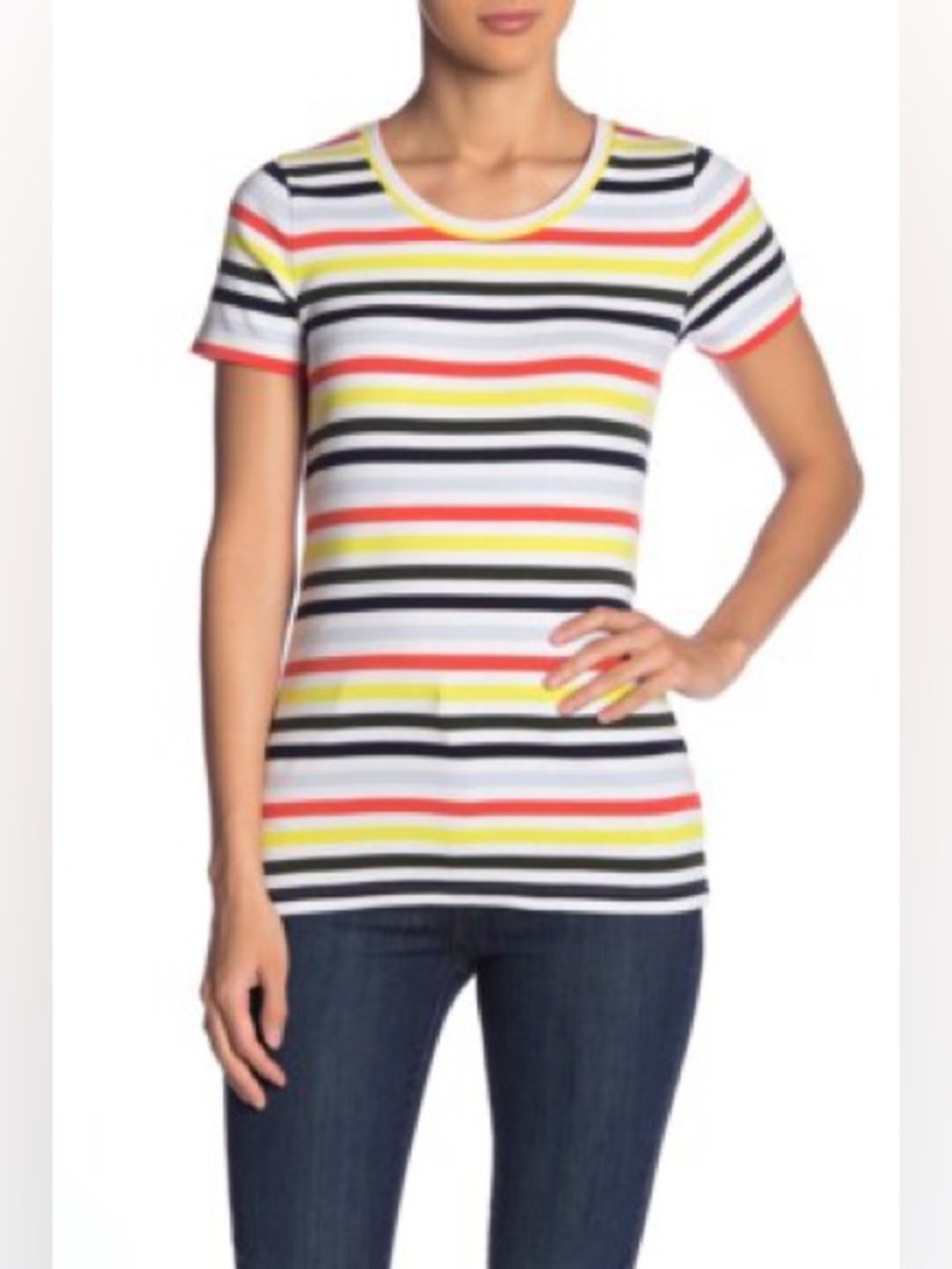 J. Crew Perfect Tee Multicolor Striped Tee — White with Red, Yellow, Navy, Black